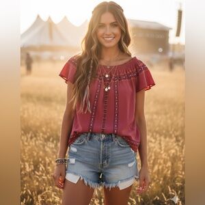 Knox Rose Embroidered Boho Top - Flutter Sleeve - Rose/Mauve- Size Medium